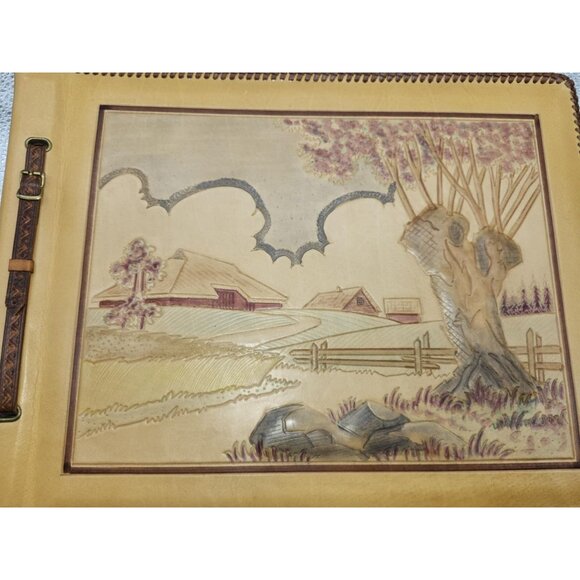 Vtg Handcrafted Leather Photo Album Embossed Scenic Cover & Buckle Strap Closure - Picture 3 of 11
